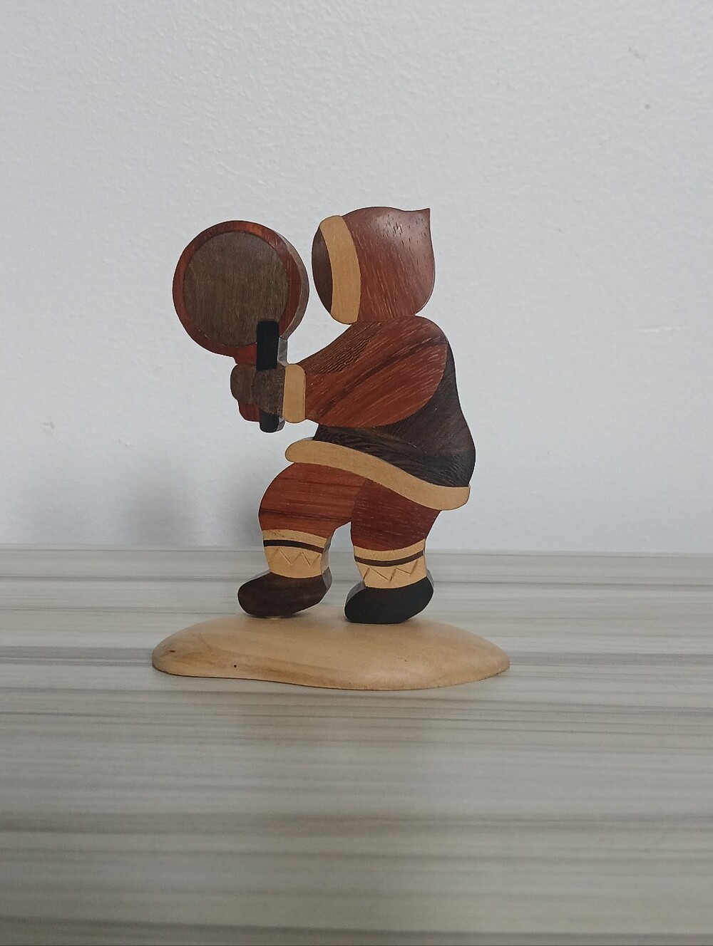 Vintage Artisan Made Marquetry Inuit Drummer Figurine